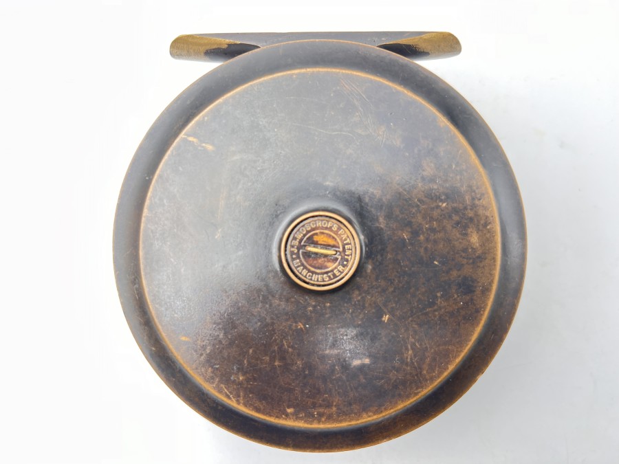 Vintage Angelrolle, J.B. Moscrops Patent Manchester, ca. 1900, Messing Horngriff, Gewicht 588 Gramm, Rollendurchmesser 110mm, Rollenbreite 45mm, sehr guter Zustand