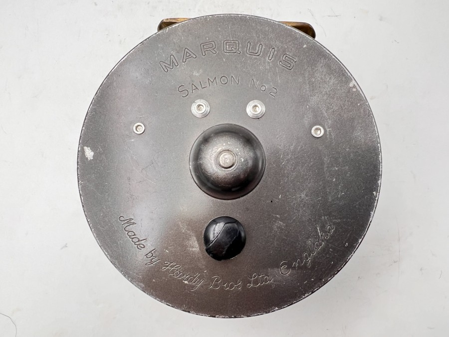 Lachsfliegenrolle, Made by Hardy Bros Ltd England, Marquis Salmon No.2, mit Fliegenschnur WF-10-S, Wet-CelII, technisch in Ordnung, starke Gebrauchsspuren