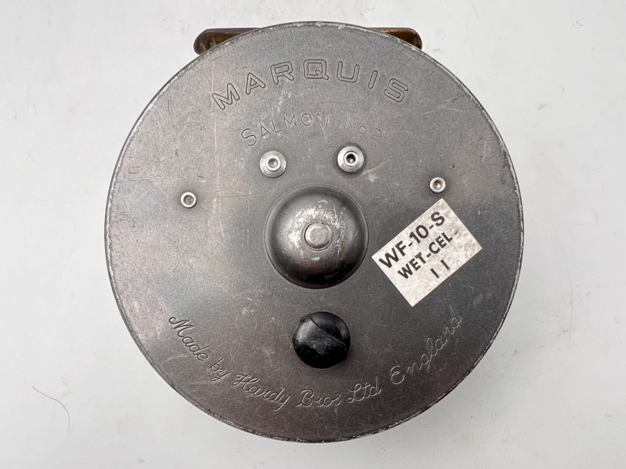 Lachsfliegenrolle, Made by Hardy Bros Ltd England, Marquis Salmon No.2, mit Fliegenschnur WF-10-S, Wet-CelII, technisch in Ordnung, starke Gebrauchsspuren