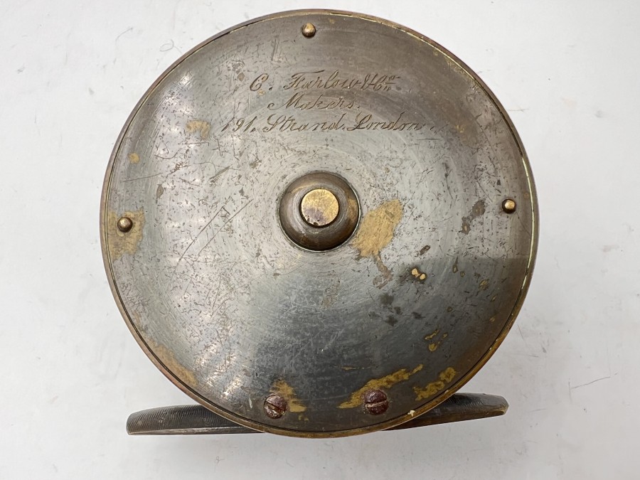 Vintage Messingrolle, C. Farlow & Co Makers, 191 Strand London, Rechts- oder Linkshand, Rollendurchmesser 80mm, Rollenbreite 42mm, Gewicht 400 Gramm, schönes Sammlerstück, Gebrauchsspuren