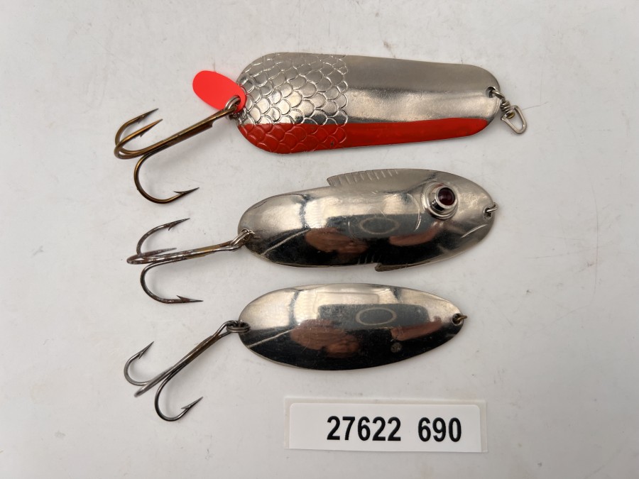 3 Kunstköder, jeweils mit Eisvogel gepunzt, Beritt Kingfisher, 6cm, Z-Spinner Kingfisher, 75mm, Glasaugenspinner 70mm, guter Zustand