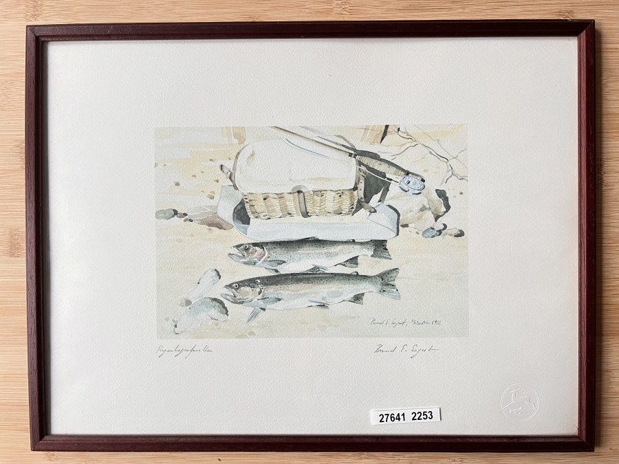 Aquarell Druck vom Kunstmaler, Historiker (ehemaliger Leiter des Deutschen Jagd- und Fischereimuseums) und
Buchautor Bernd E. Ergert, München 1972, Regenbogenforellen, Grösse 515x315mm, schöner Holzrahmen