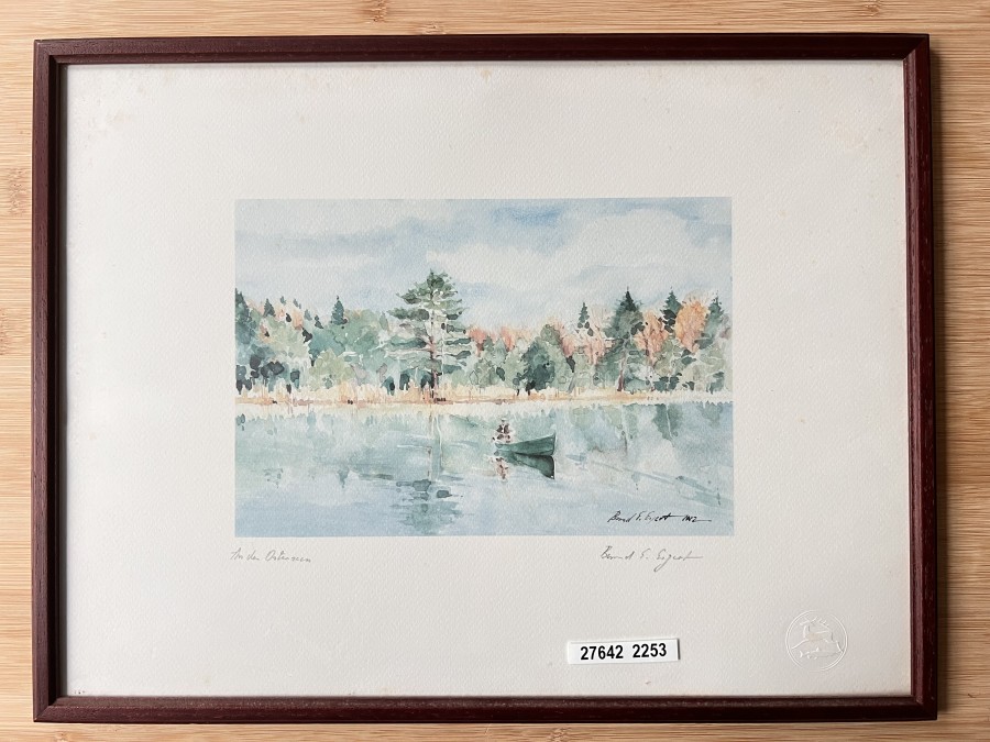 Aquarell Druck vom Kunstmaler, Historiker (ehemaliger Leiter des Deutschen Jagd- und Fischereimuseums) und Buchautor Bernd E. Ergert,
München 1972, Osterseeen, Grösse 515x315mm, schöner Holzrahmen