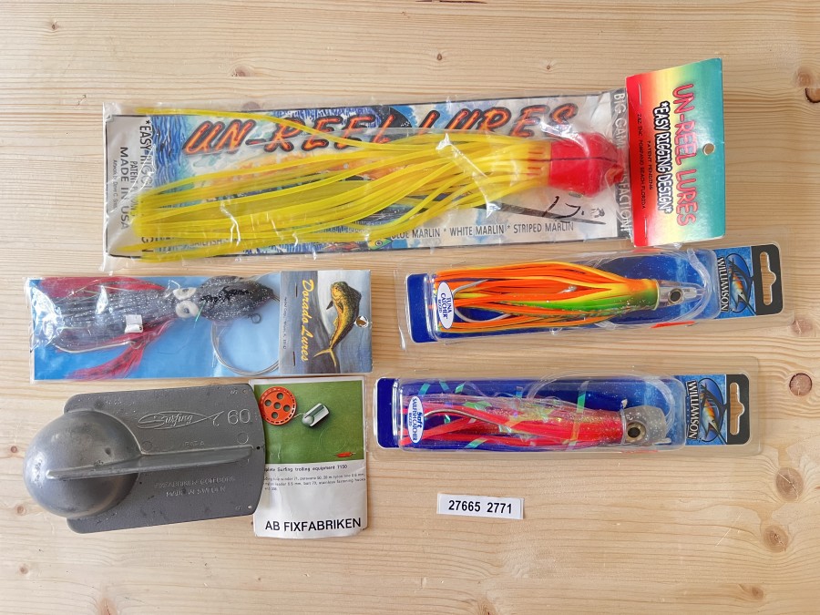 4 Meeresköder, Un-Reel Lures, Dorado Lure, 1 Williamson Soft Sailfish Catcher, Rigged, 1 Williamson Tuna Catcher Rigged,
Trollinggewicht Surfing 60, AB Fixfabriken Sweden
