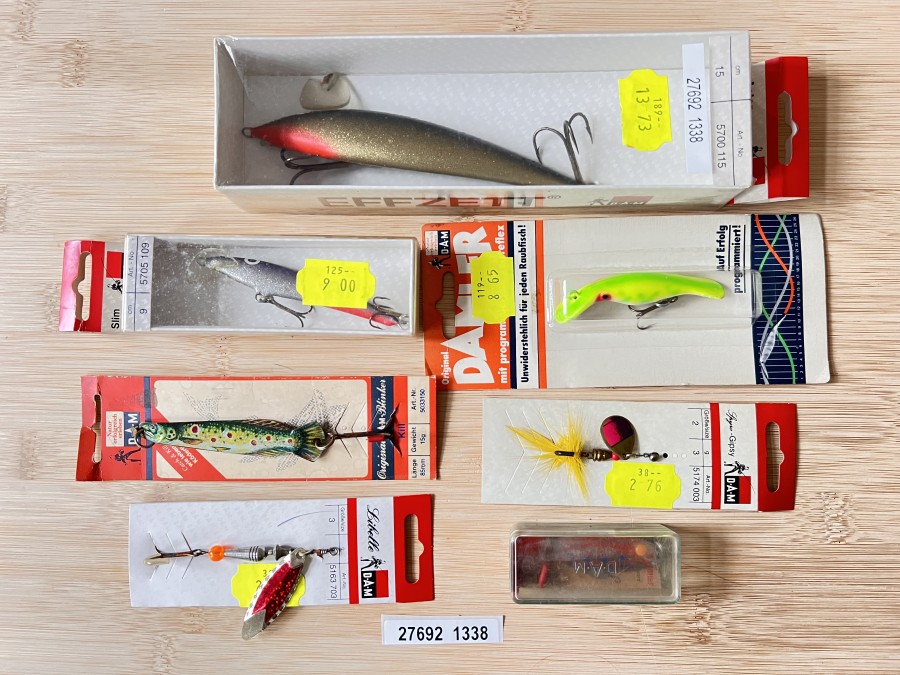 7 DAM Kunstköder, Wobbler Actor, 15cm, Wobbler Slim, 9cm, Damler, 70mm, Kill, 85mm, 15g, Quick-Spinner, 50mm, 6g, Spyro-Gipsy, 3g, Libelle, 9g, Original verpackt