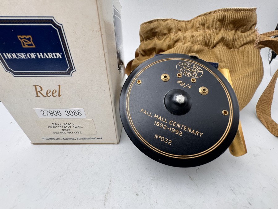 Fliegenrolle, Hardy Bros Makers Alnwick, Pall Mall Centenary 1892 -1992, No032, Rechts- oder Linkshand, Hardy Rollenbeutel, neu im Karton