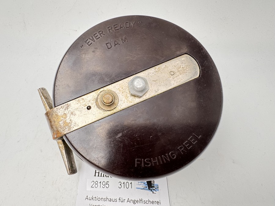 Nottingham- oder Centrepinrolle, DAM "Ever Ready Fishing Reel, Bakelite/Alu/Messing vernickelt, ausschaltbare Knarre, Rollendurchmesser 10,0cm, Rollenbreite  44,5 cm, aus der Nachkriegszeit, läuft sehr gut