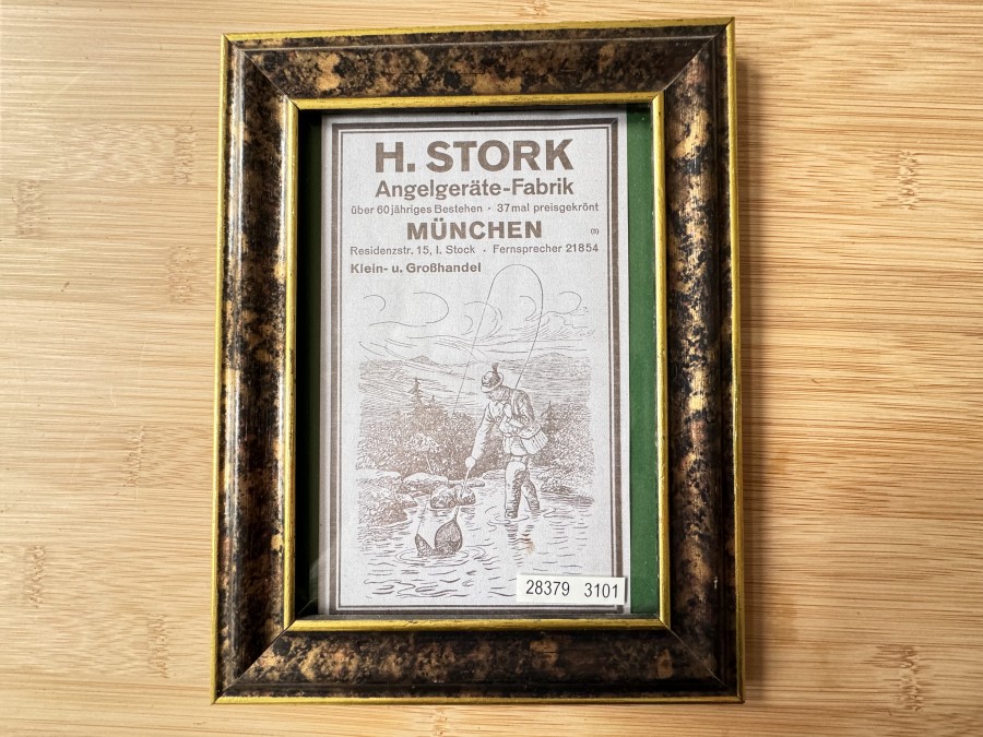 Werbebild hinter Glas im Holzrahmen, 17x22cm, H. STORK Angelgeräte-Fabrik über 60jähriges Bestehen - 37 mal preisgekrönt MÜNCHEN
