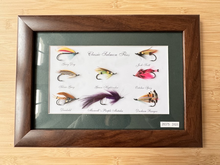 Classic Salmon Flies, im dunkelbraunen Holzrahmen, 8 Stück,  Grösse 36x26cm, Gary Dog, Jock Scott, Silver Grey, Green Highlander, October Spay, Dunkeld, Maxwell´s Purple Matuka