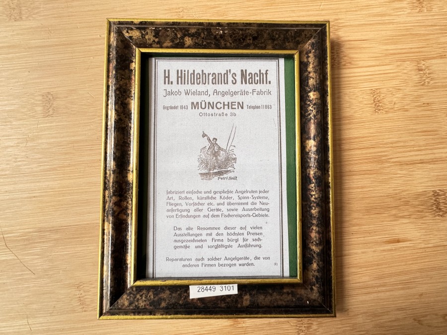 Werbeanzeige im Bilderrahmen, 17x22cm, H. Hildebrands Nachf. Jakob Wieland, Angelgeräte Fabrik München