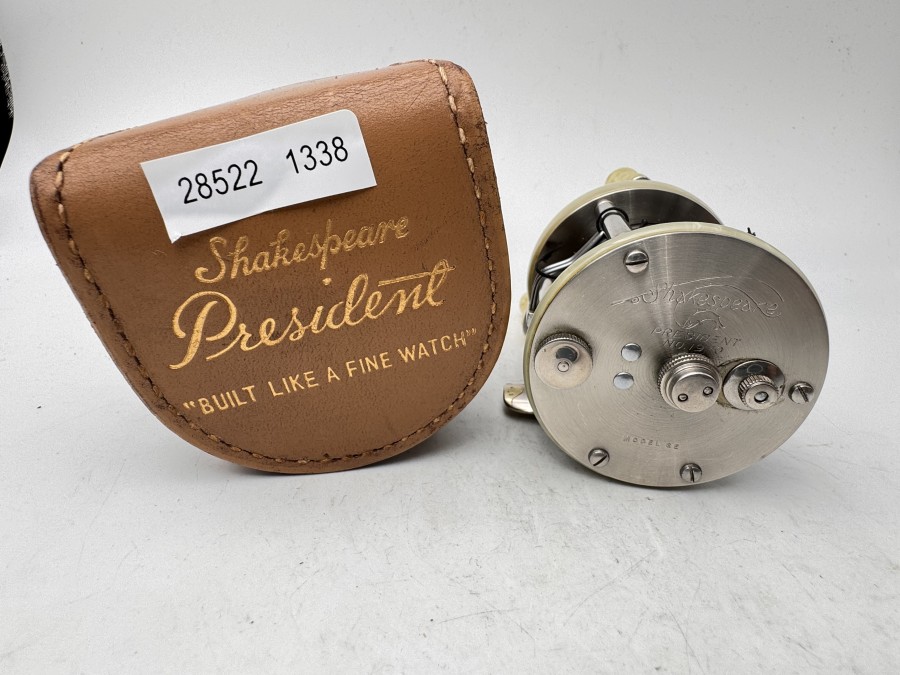 Multirolle, Shakespeare, President 1970, Model OE, Stainless Steel, mit Alter Schnur, Lederetui, sehr guter Zustand