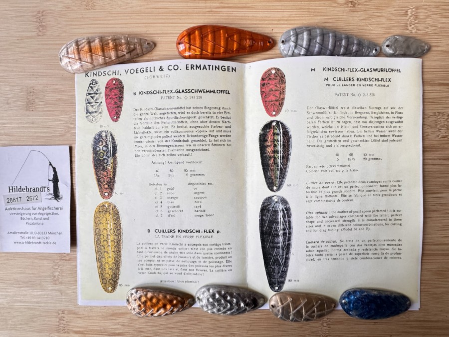 8 Kindschi-Flex-Glasschwemmlöffel, Kindschi, Voegeli & Co, Ermatingen, 1946 patentiert, 85, 60 und 40mm lang, ungefischt