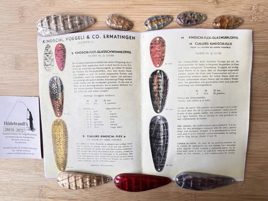 8 Kindschi-Flex-Glasschwemmlöffel, Kindschi, Voegeli & Co, Ermatingen, 1946 patentiert, 85, 60 und 40mm lang, ungefischt