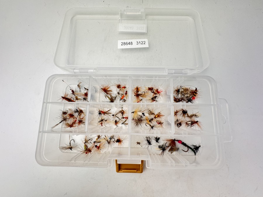 Fliegenbox von Meiho, mit 100 Trockenfliegen für Äsche und Forelle, ordentliche Qualität