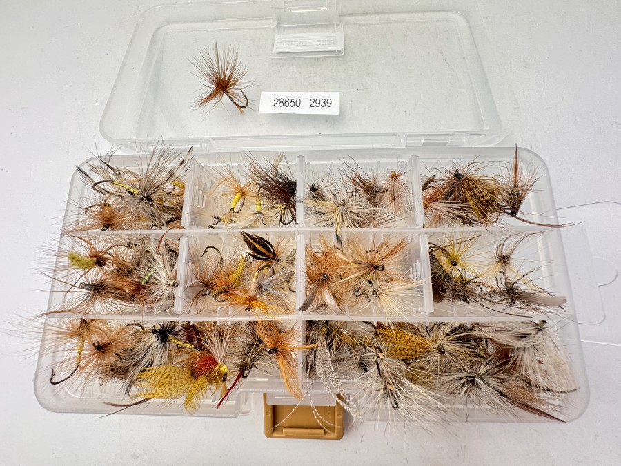 Fliegenbox von Meiho, gefüllt mit 100 Trockenfliegen für Äsche und Forelle, gute Qualität