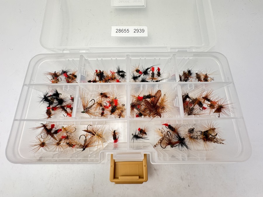 Fliegenbox von Meiho, gefüllt mit 100 Trockenfliegen für Äsche und Forelle, gute Qualität