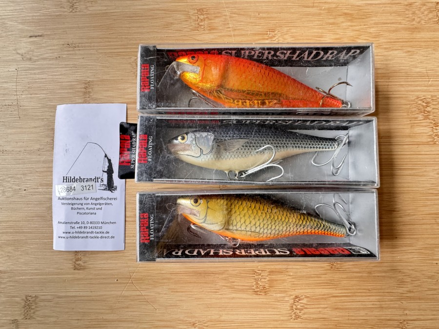 3 Wobbler, Rapala Super Shad Rap, Made of Balsa - floating, SSR-14, 14cm, 45g, ungefischt im Karton