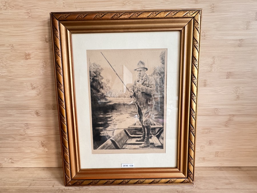 Angler im Boot, hinter Glas, Goldrahmen, 38x48cm, schönes Motiv