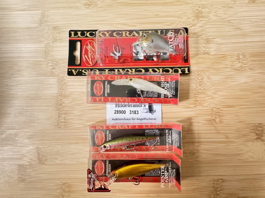 Wobbler, Lucky Craft U.S.A., Pro Tune Series, Ghost Minnow, FatCB, Zero, Floating 6,6g, 44mm, Lucky Craft, NC Shell White, Bevy Shad 50 SP, Suspending 3,5g, 51,5mm, Lucky Craft, Laser Rainbow Trout, Flash Minnow Tr 65SP, Suspending 3,8g, 65mm, Lucky Craft, Gold Spark, Pointer 65SP, Suspending 5g, 65mm, neu in Originalverpackung