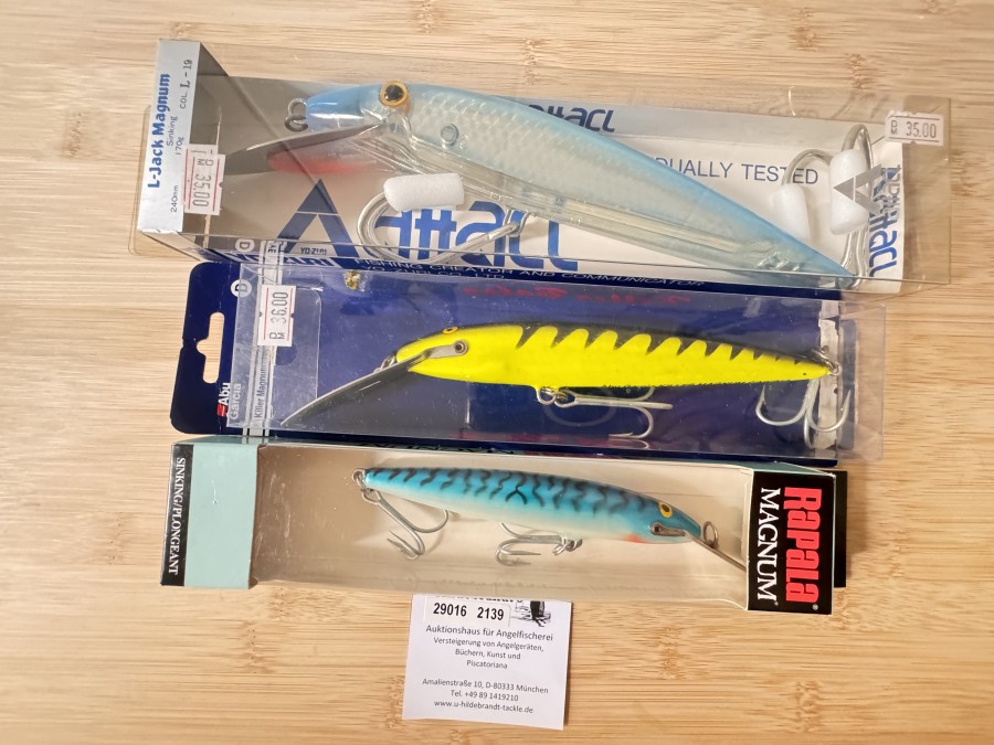 Wobbler, Rapala Magnum, CDMAG-18. Sinking/Plongeant, Swimming Depth: 18-21", 18cm, 70g, Abu Garcia, Killer Magnum, 180mm, 83g, Fluo/Ye, Yo-Zuri, The L-Jack Magnum, Sinking, 240mm, 170g, neu und ungefischt