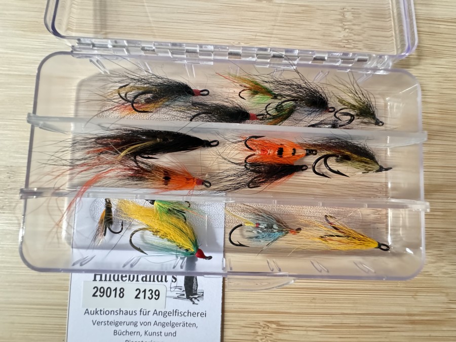 Lachsfliegen, 19 Stück in Kunststoffbox, Partridge Einfach- und Doppel- Haken, Drilling, gute Qualität