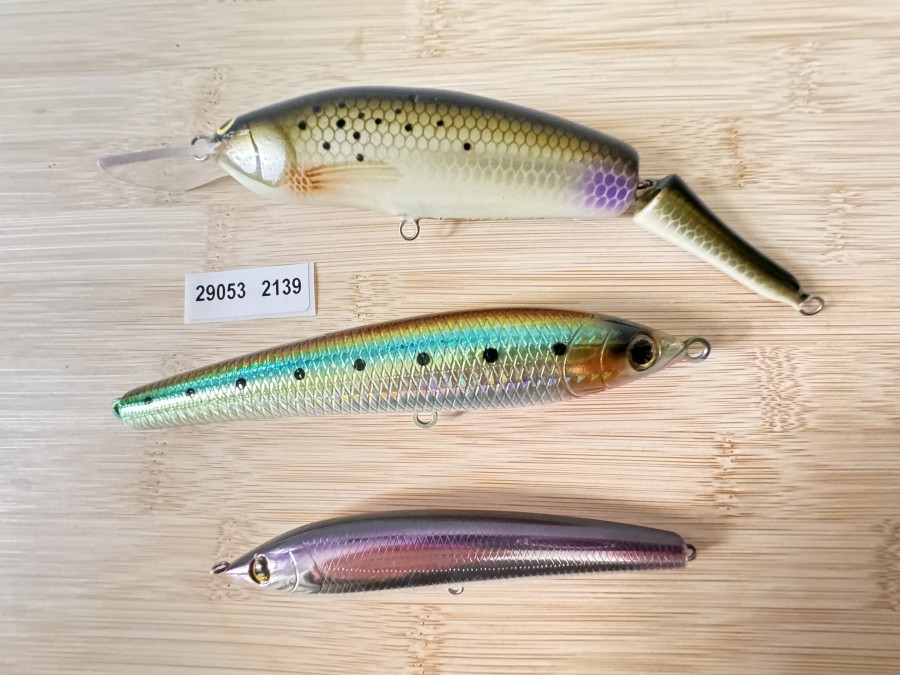 Wobbler, Huchenwobbler, Queen of Liverpool, 16cm, 34g, Tiemco, Japan, RP Magnum, mit Kugeln, braun/hellgrün/silber mit Punkten, 14cm, 29g, Tiemco, Japan, Salty RP, mit Kugeln, 11cm, 12g, neu und ungefischt