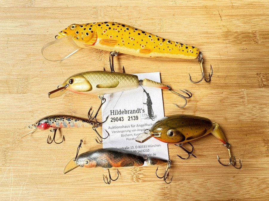 Wobbler, Serbische Handarbeit, Huchenwobbler, 15cm, 43g, Drogan, 11cm, 21g, Regenbogenforelle, 6cm, 8g, Crankbait, 9cm, Duker, 9cm, 12g, aus Holz geschnitzt, mehrfach lackiert, schöne Handarbeit, ungefischt