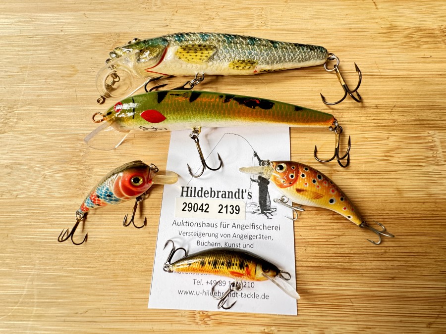 Wobbler, Serbische Handarbeit, Huchenwobbler, 13cm, 29g, 12cm, 20g, Bachforelle, 5cm, Kenart, 5cm, 3g, Crankbait, 4cm, 5g, aus Holz geschnitzt, mehrfach lackiert, schöne Handarbeit, ungefischt
