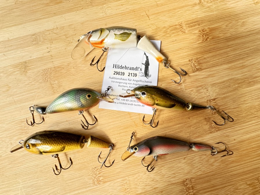 Wobbler, Serbische Handarbeit, 12cm, 25g, 3 Crankbait, 9cm, 21g, 18g, 17g, Duker, 9cm, 12g, aus Holz geschnitzt, mehrfach lackiert, schöne Handarbeit, neu in Meiho Wobblerbox