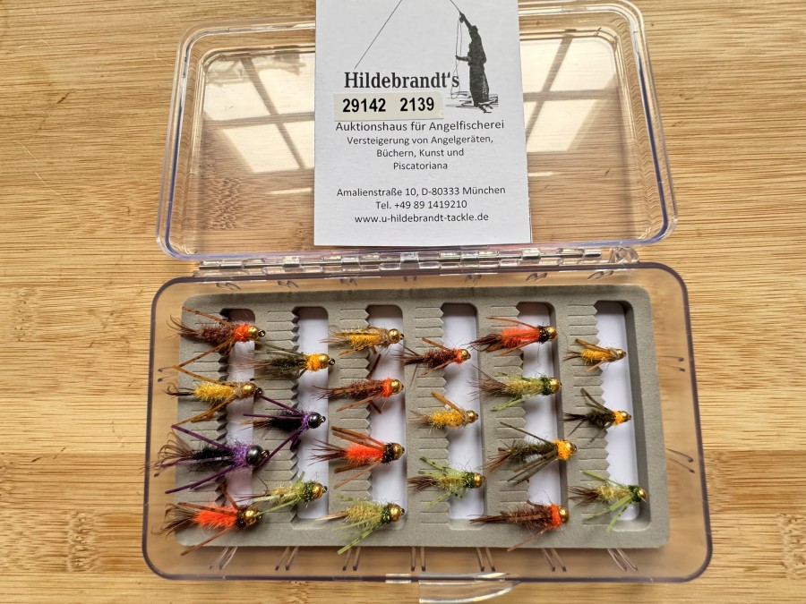 Nymphensortiment, 21 Stück, Tungstenkugel, Grösse 10 bis 16, mit Widerhaken, in Fliegenfoambox, sehr fängig
