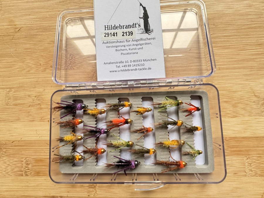 Nymphensortiment, 21 Stück, Tungstenkugel, Grösse 10 bis 16, mit Widerhaken, in Fliegenfoambox, sehr fängig