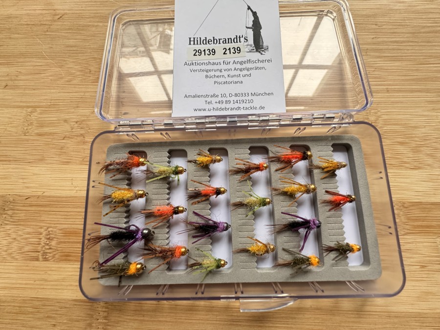 Nymphensortiment, 21 Stück, Tungstenkugel, Grösse 10 bis 16, mit Widerhaken, in Fliegenfoambox, sehr fängig