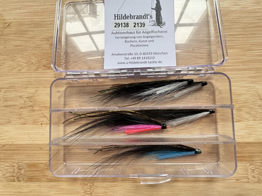 Tubenfliegensortiment, 5 Stück, Sunray Shadow, gebunden mit Original Monkey Haar aus einer alten Jacke, 10 bis 12cm, in Fliegenbox, diese Muster sind extrem fängig und wurden mit Erfolg eingesetzt