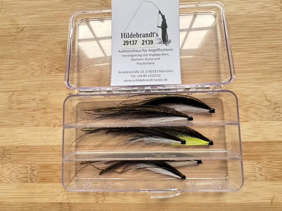 Tubenfliegensortiment, 6 Stück, Sunray Shadow, gebunden mit Original Monkey Haar aus einer alten Jacke, 10 bis 12cm, in Fliegenbox, diese Muster sind extrem fängig und wurden mit Erfolg eingesetzt