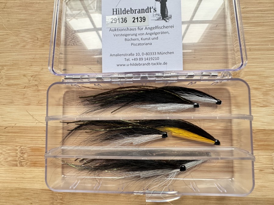 Tubenfliegensortiment, 6 Stück, Sunray Shadow, gebunden mit Original Monkey Haar aus einer alten Jacke, 10 bis 12cm, in Fliegenbox, diese Muster sind extrem fängig und wurden mit Erfolg eingesetzt