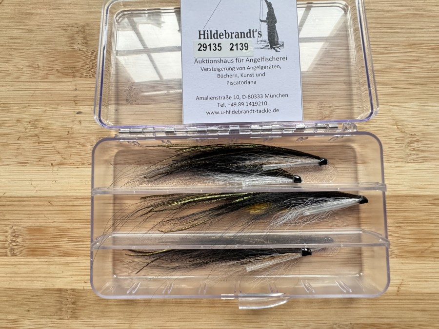 Tubenfliegensortiment, 6 Stück, Sunray Shadow, gebunden mit Original Mokney Haar aus einer alten Jacke, 10 bis 12cm, in Fliegenbox, diese Muster sind extrem fängig und wurden mit Erfolg eingesetzt