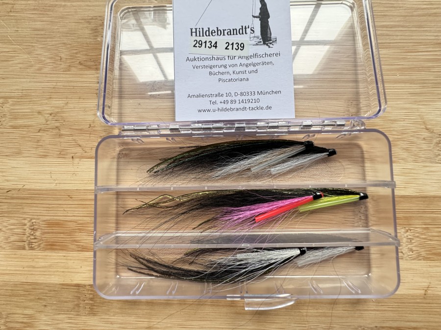 Tubenfliegensortiment, 6 Stück, Sunray Shadow, gebunden mit Original Mokney Haar aus einer alten Jacke, 10 bis 12cm, in Fliegenbox, diese Muster sind extrem fängig und wurden mit Erfolg eingesetzt