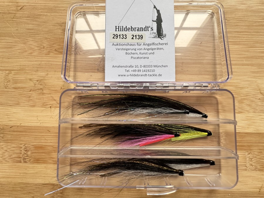Tubenfliegensortiment, 6 Stück, Sunray Shadow, gebunden mit Original Monkey Haar aus einer alten Jacke, 10 bis 12cm, in Fliegenbox, diese Muster sind extrem fängig und wurden mit Erfolg eingesetzt