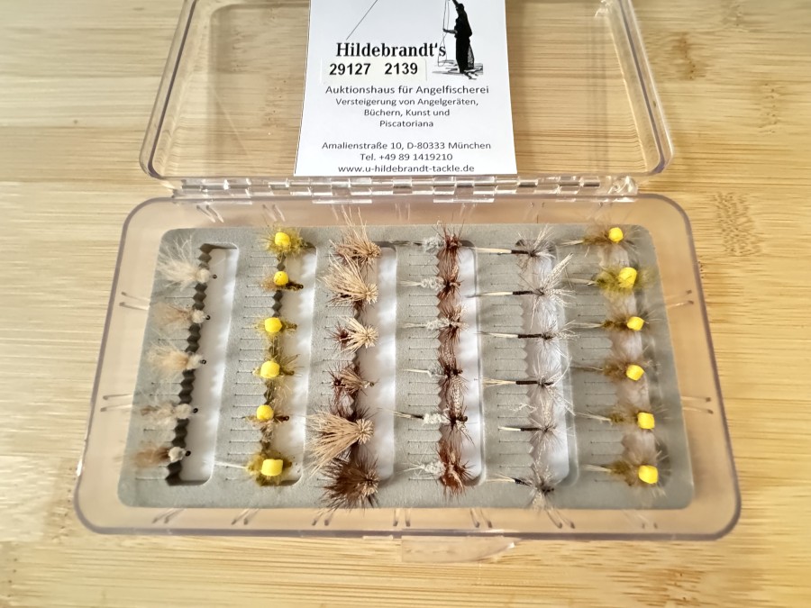 Trockenfliegensortiment, 25 Stück, CDC, Rehhaar, Thorax, Quill Gordon, Grösse 12 bis 16, widerhakenlos, in Fliegenfoambox