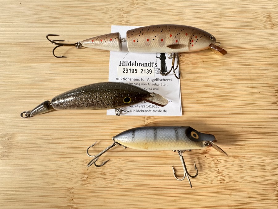 Wobbler, 3 Stück, Serbische Handarbeit, Bachforelle, 2tlg., 13cm, Fles, 2tlg., 11cm, 20g, ABU, Sweden Patent, HI - LO, 8cm, 18g, ungefischt