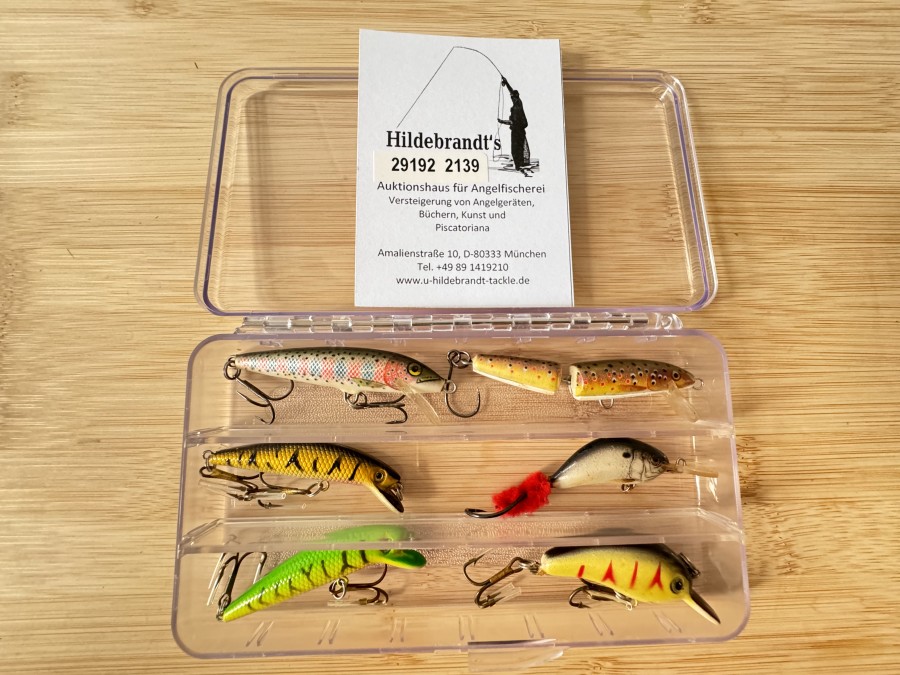 Wobbler, 6 Stück in Kunstoffbox, Rapala 6,5cm, 3g, floating, Rapala, 7cm, 3g, Ruzno Pace, 3,5cm, 3g, 3 nichtgemerkte Wobbler, 6cm, 3g, ungefischt