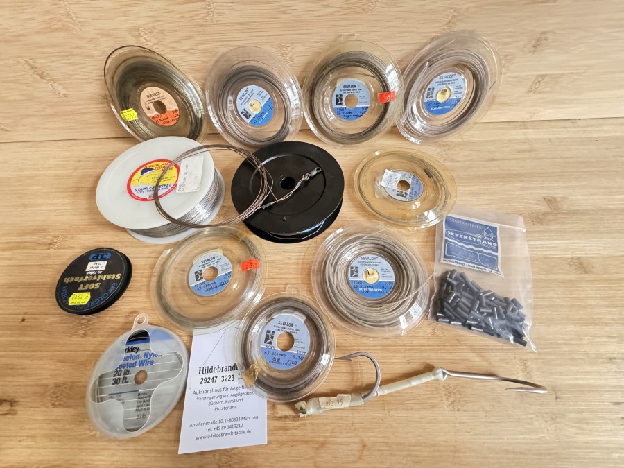 Big Game Stahlvorfachmaterial,, 305m American Fishing wire, G3-!00 lb (46kg) Test, 2x  9m, Sevalon A7 Sleeve, 41kg, 9m Duratest A7 Sleeve, 3x 9m Sevalon A9 Sleeve, Packung Quetschhülsen A7, teilweise angebrochene Spulen