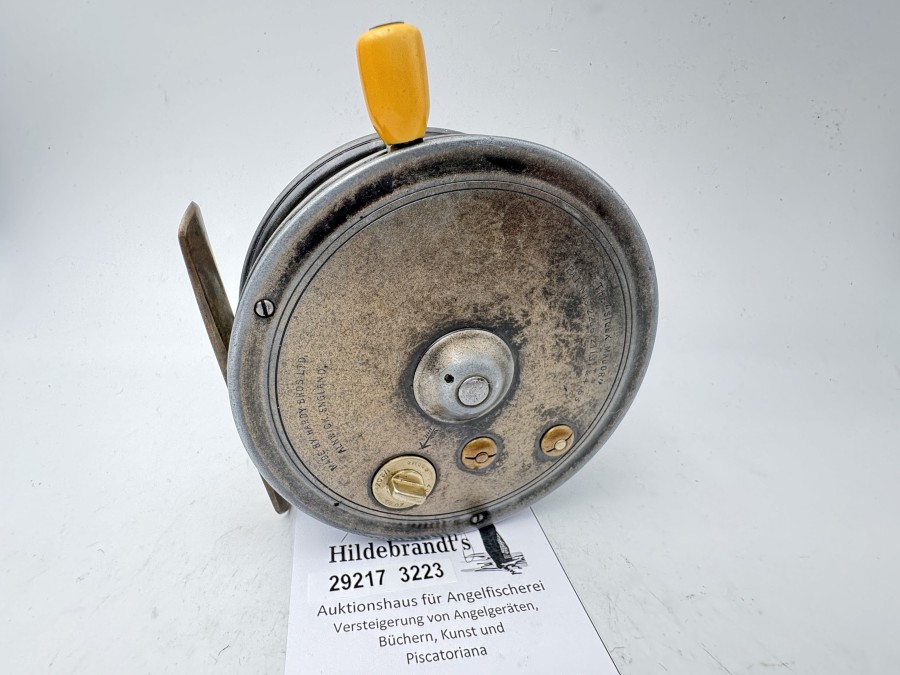 Vintage Angelrolle, Made by Hardy Bros Ltd Alnwick, England, The "Silex Major", Pat. Nos. 2206, 21131 & 4163, Innengravur: R.M.S., Gewicht 330g, Rollendurchmesser 101mm, Rollenbreite 43mm, Messingrollenfuß, 88mm, technisch gut, Gebrauchsspuren