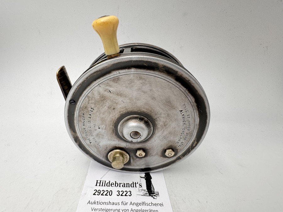 Vintage Angelrolle, Made by Hardy Bros Alnwick, England, The "Silex Major", Size 4", Pat. Nos. 2206, 21131 & 4163, Innengravur: P.W, Ivory Break Grip, Gewicht 375g, Rollendurchmesser 102mm, Rollenbreite 45mm, Messingrollenfuß, 88mm, technisch gut, Gebrauchsspuren