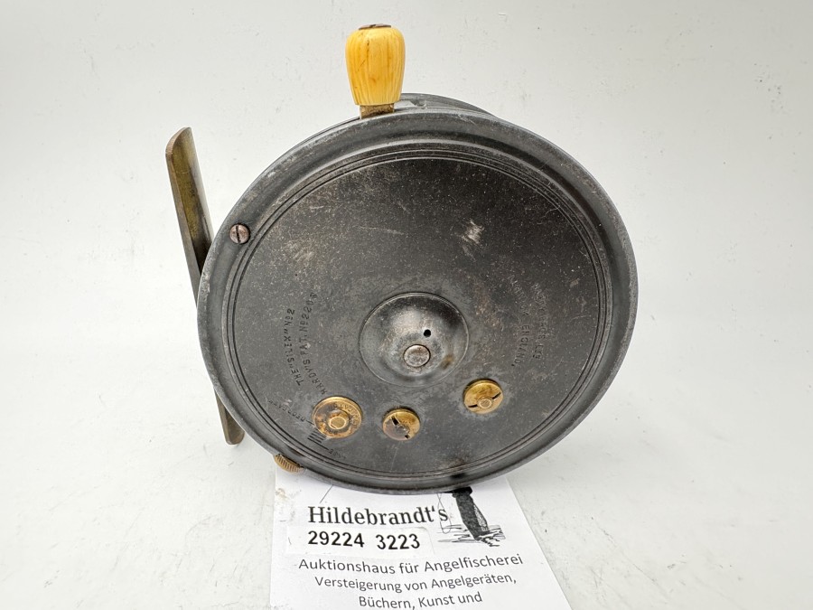 Vintage Angelgrolle, Hardy Bros Ltd Alnwick, England, The "Silex" No2, Hardy's Pat No. 2206, Innengravur: B, Ivory Handle, Gewicht 314g, Rollendurchmesser 102mm, Rollenbreite 43mm, Blockledertasche, technisch gut, Gebrauchsspuren