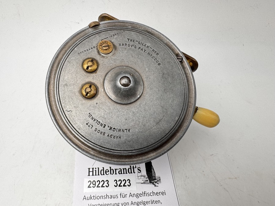 Vintage Angelrolle, Hardy Bros Ltd Alnwick, England, The "Silex" No.2, Hardy Pat. No. 2206, Rechtshand, Ivory Handle, Gewicht 238g, Rollendurchmesser 88mm, Rollenbreite 39mm, Messingrollenfuß, 83mm, technisch gut, Gebrauchsspuren