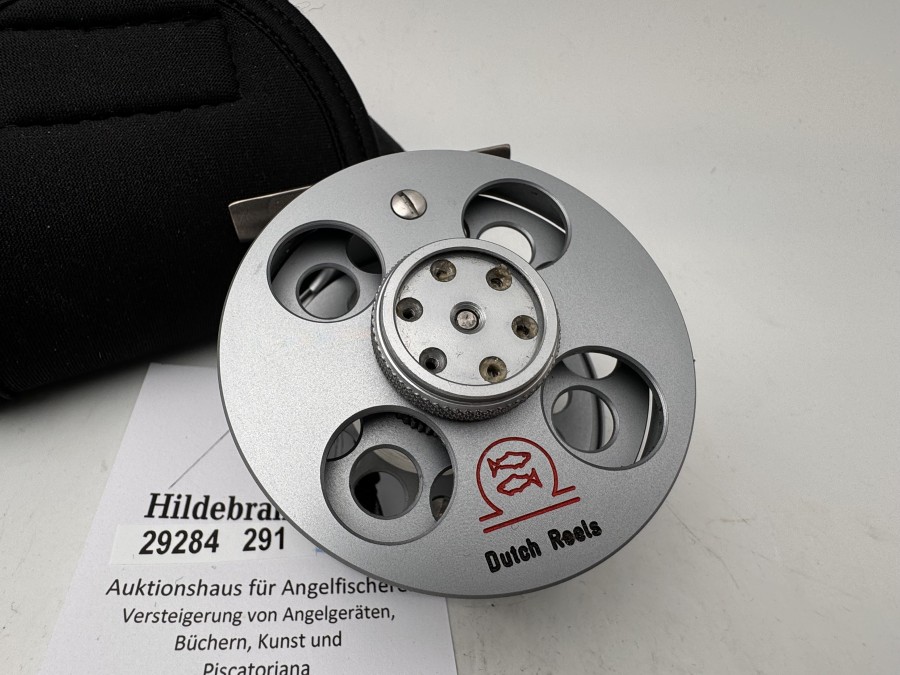 Fliegenrolle, Dutch Reel, Dutch I, Linkshand, #5, Gewicht 150g, Gummischeibe am Bremsrad fehlt, Neoprene Rollentasche, leichte Gebrauchsspuren