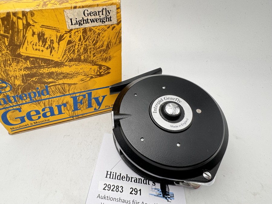 Fliegenrolle, Intrepid Gearfly Lightweight, Made in England, Linkshand, mit Übersetzung, #6, Gewicht 145g, sehr guter Zustand, im Karton