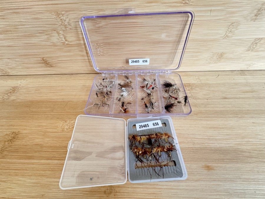 Trockenfliegensortiment, 50 Stück in Kunststoff Fliegenbox, verschiedene Grössen, und 10 Daddy Longlegs in Minibox, ungefischt