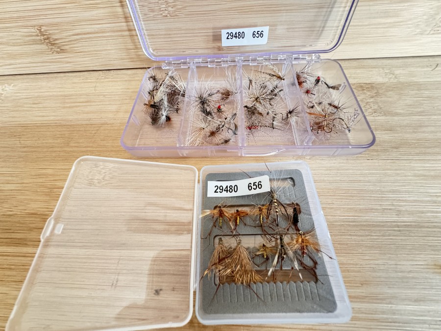 Trockenfliegensortiment, 50 Stück in Kunststoff Fliegenbox, verschiedene Grössen, und 10 Daddy Longlegs in Minibox, ungefischt